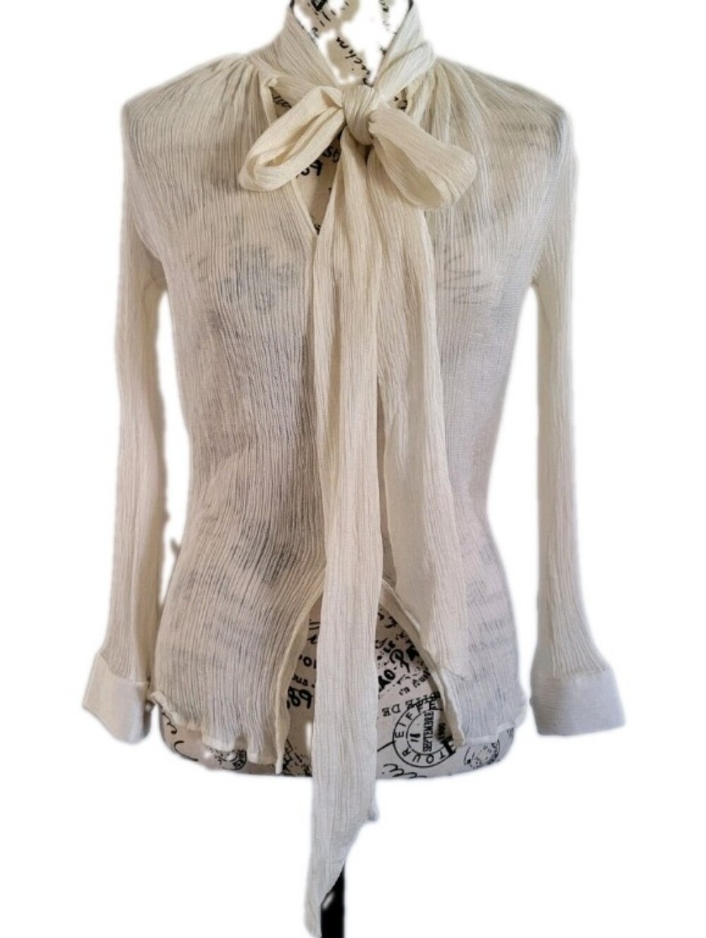 Salvatore Ferragamo Vintage Silk Crinkled Plisse' Blouse Semi Sheer Tie Neck